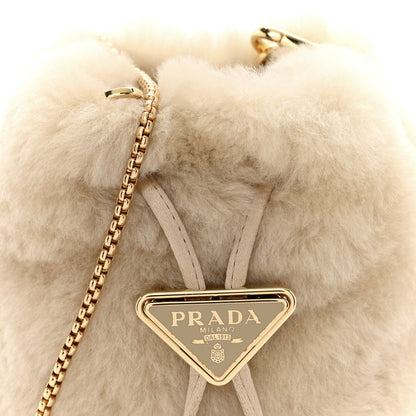 Prada Shearling Metal Triangle Logo Mini Drawcord Pouch Shoulder Bag Ecru 8 of 11