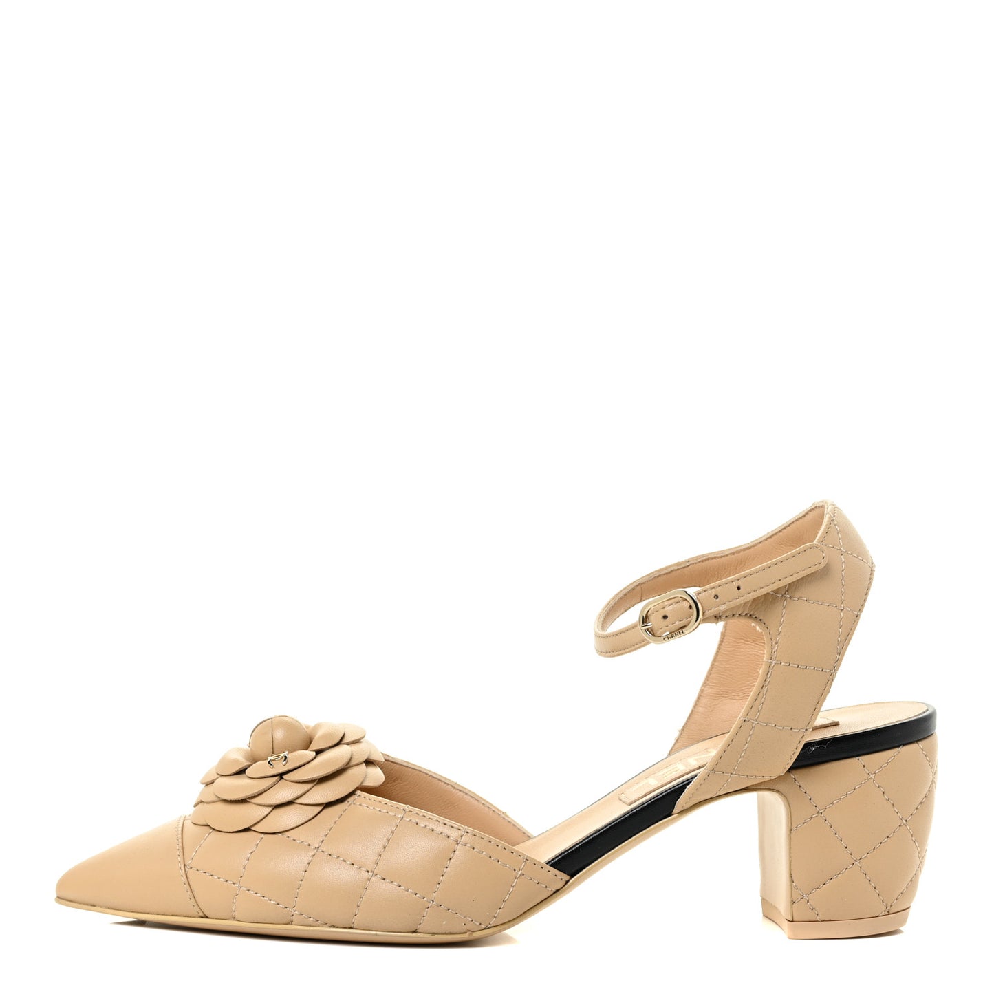 Lambskin Quilted Camellia Ankle Strap Pumps 36.5 Black 37.5 Beige