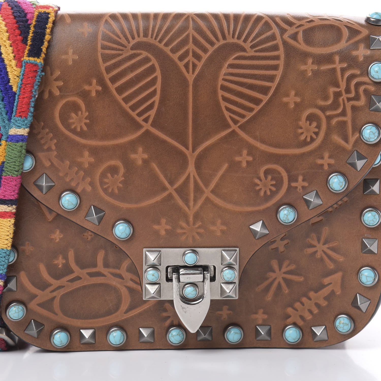 Valentino Garavani Calfskin Embossed Guitar Strap Rockstud Rolling Shoulder Flap Messenger Bag Tan 7 of 12