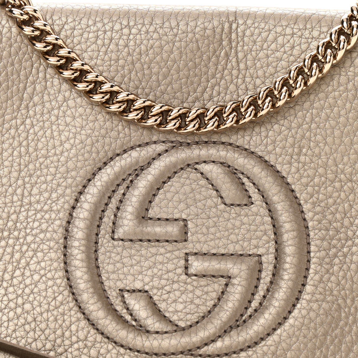 Gucci Metallic Pebbled Calfskin Medium Soho Flap Crossbody Golden Beige 7 of 10