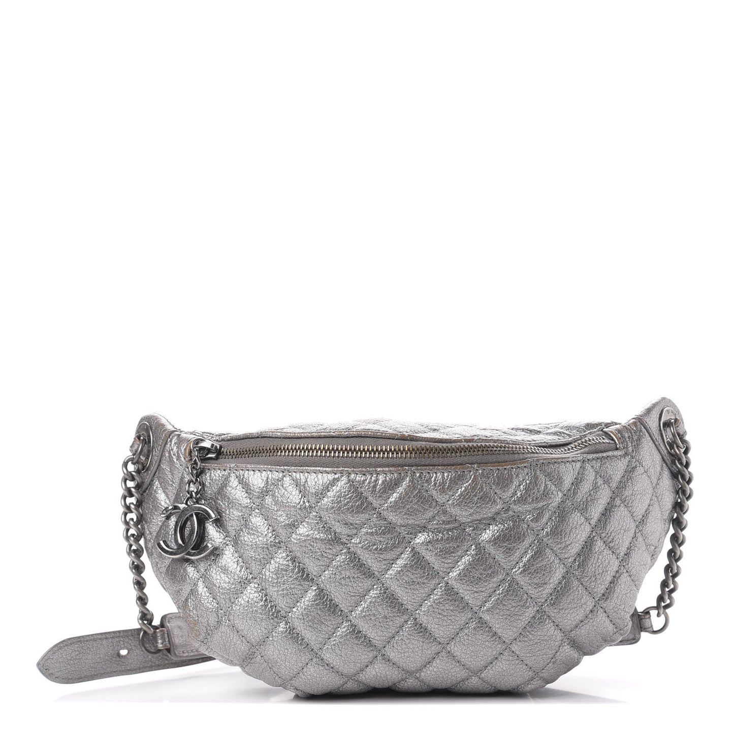 Metallic Goatskin Quilted Banane Waist Bag Fanny Pack Silver