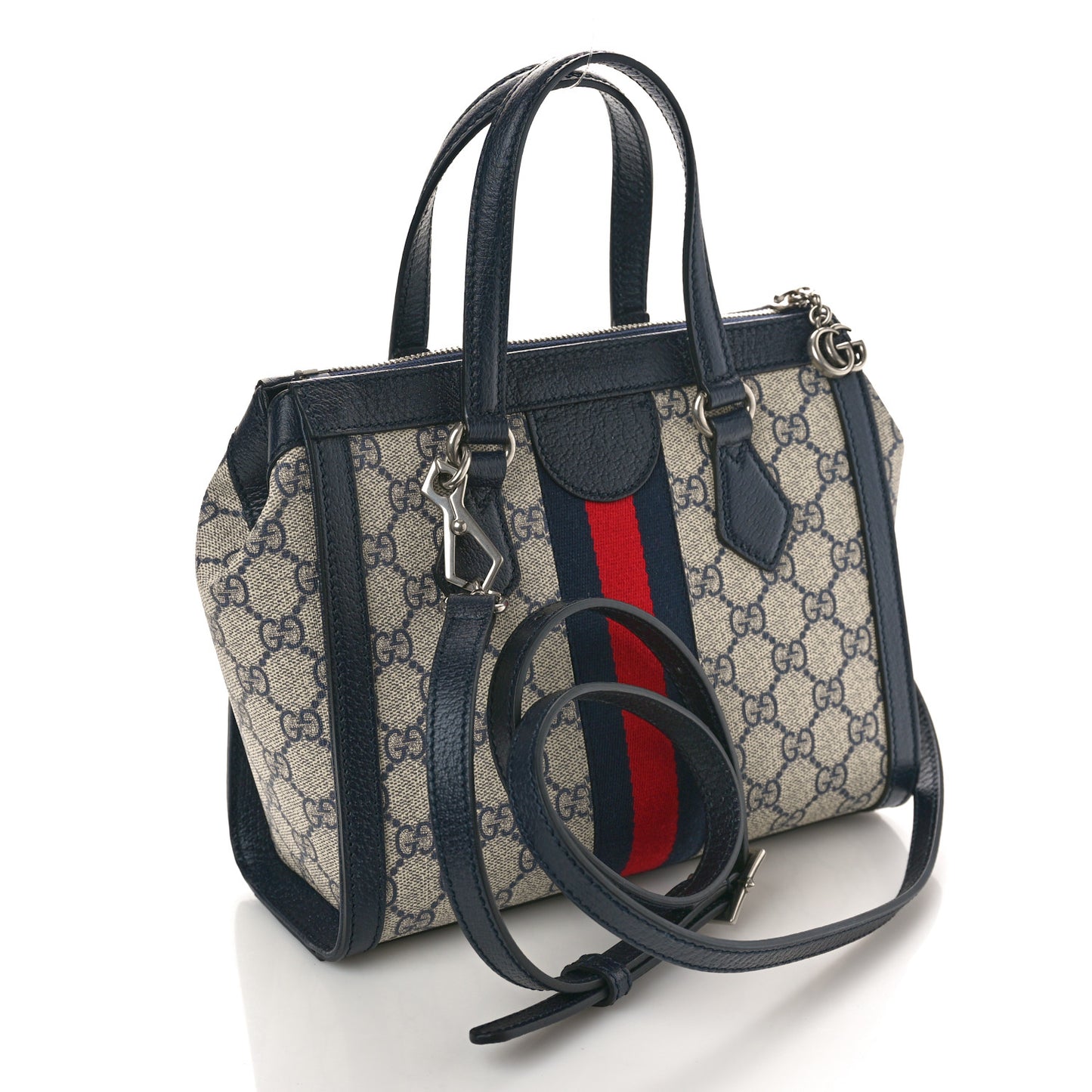 GG Supreme Monogram Textured Dollar Calfskin Web Small Ophidia Tote Bag Beige Blue