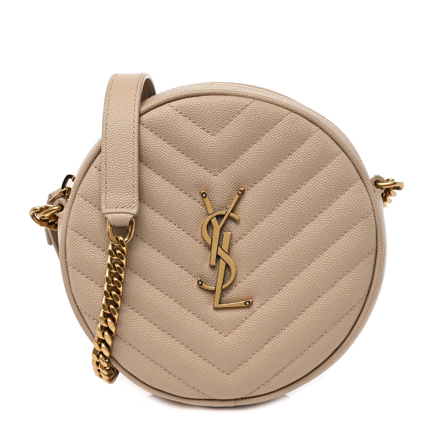 Saint Laurent Grain De Poudre Matelasse Chevron Quilted Round Vinyle Camera Bag Dark Beige 1 of 7