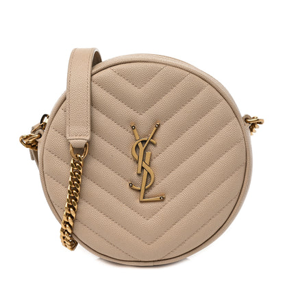 Saint Laurent Grain De Poudre Matelasse Chevron Quilted Round Vinyle Camera Bag Dark Beige 1 of 7