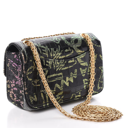 Chanel Calfskin Crocodile Embossed Graffiti 2.55 Mini Cocodile Reissue Flap Black Pink 3 of 11