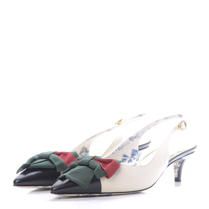 Gucci Malaga Kid Web Bow Jane Low Heel Slingback Pumps 37.5 Off White 3 of 10