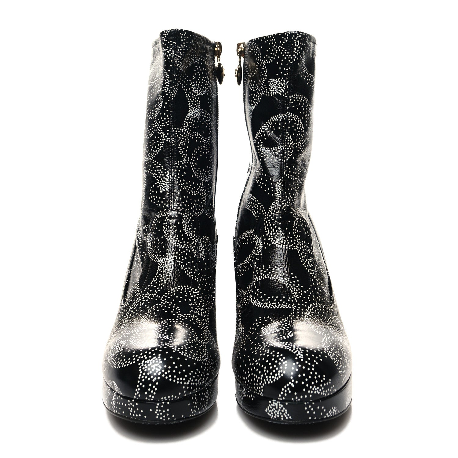 Chanel Calfskin Camellia Printed Ankle Boots 39.5 Black White 2 of 8