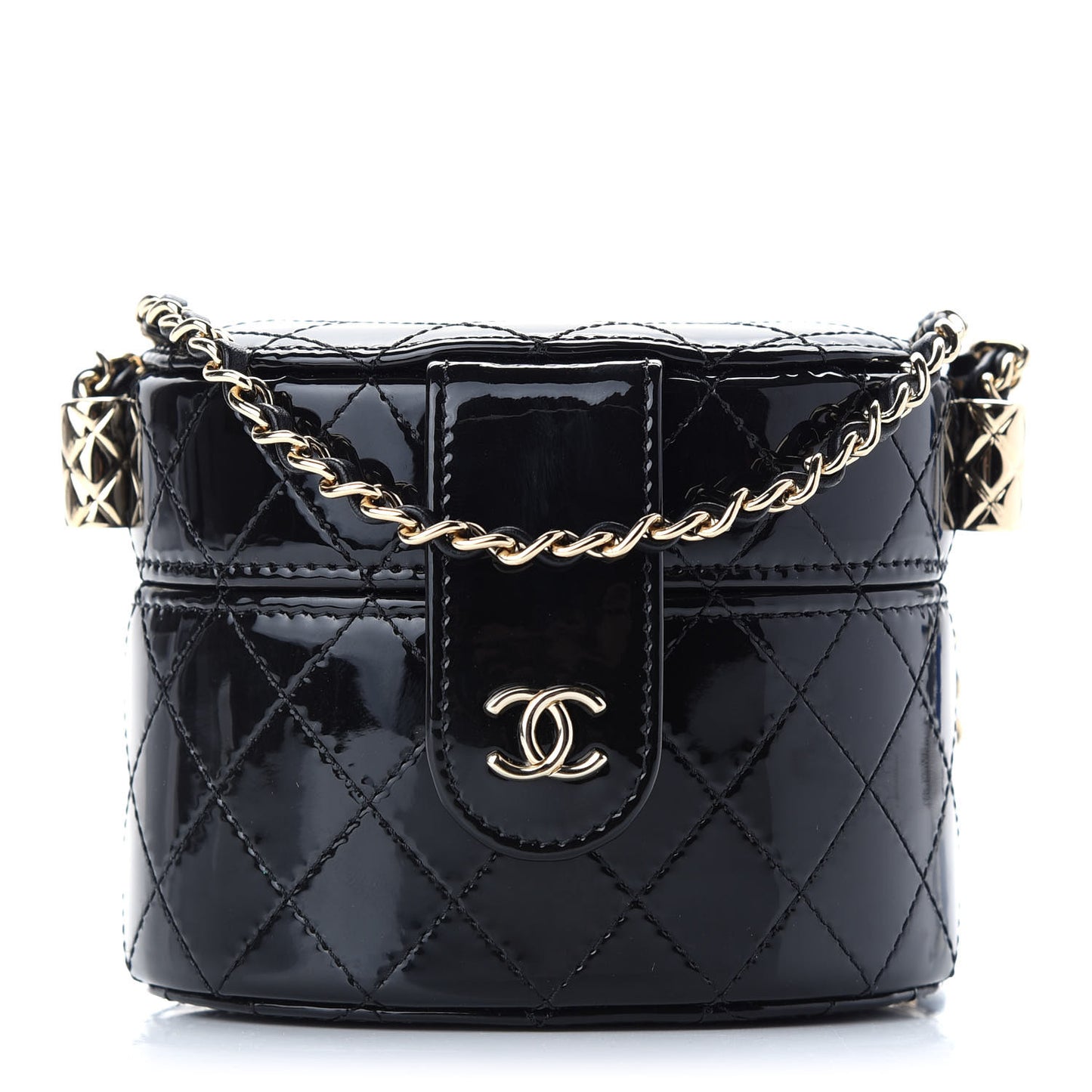 Patent Quilted Round Small Vanity With Chain Black