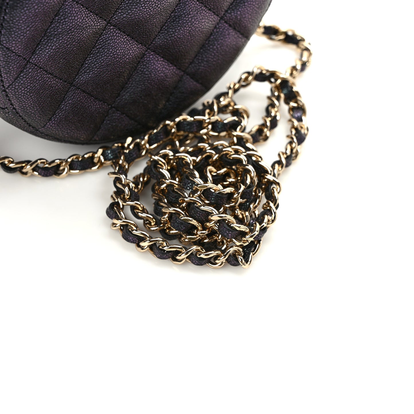 Iridescent Caviar Quilted Round Clutch With Chain Black
