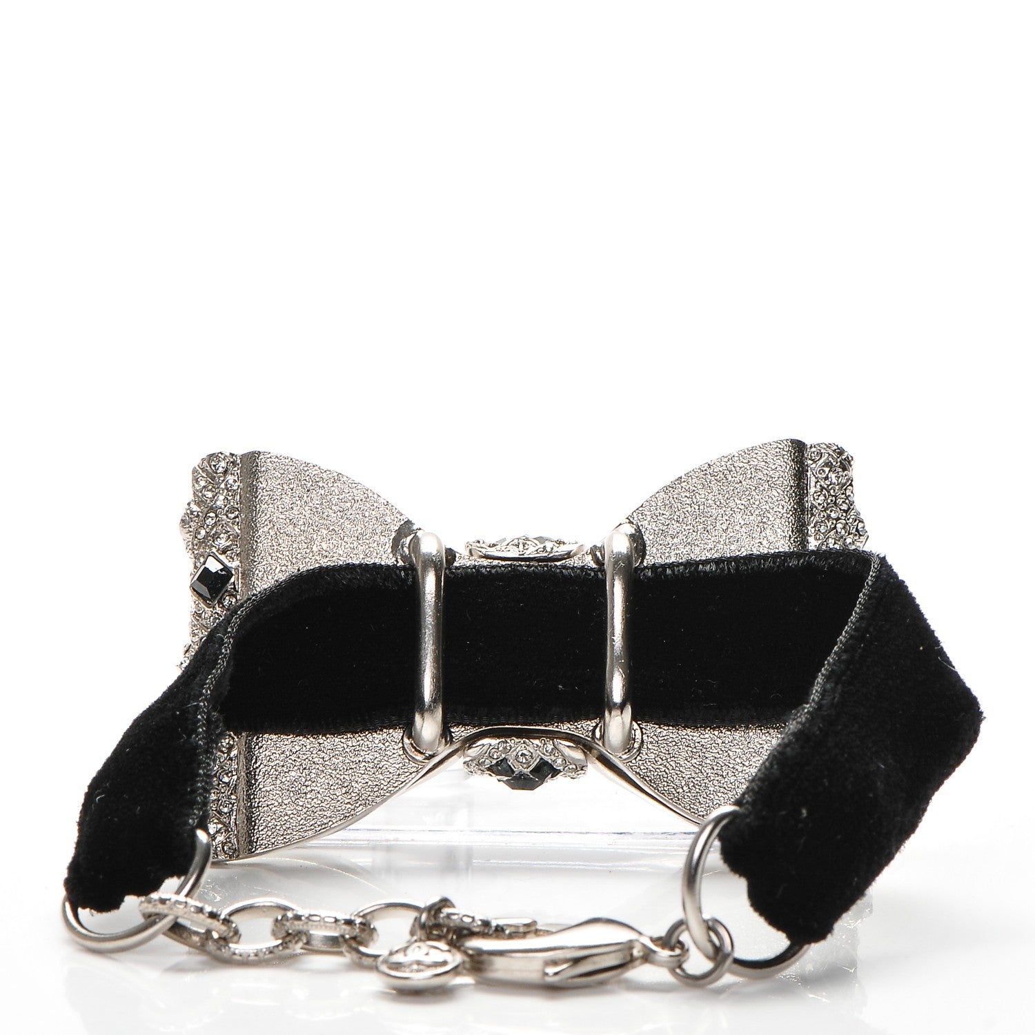 Chanel Crystal Velvet CC Bow Bracelet Black Silver 3 of 5