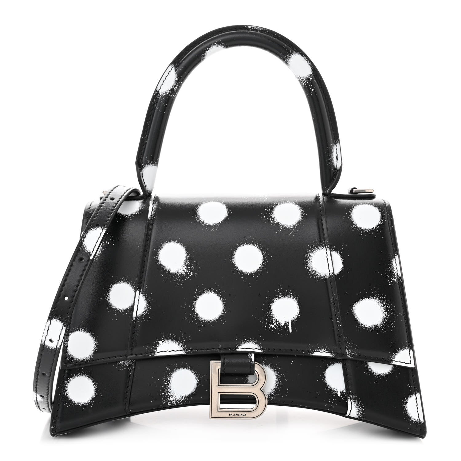 Balenciaga Smooth Calfskin Spray Polka Dot Small Hourglass Top Handle Bag Black White 1 of 10