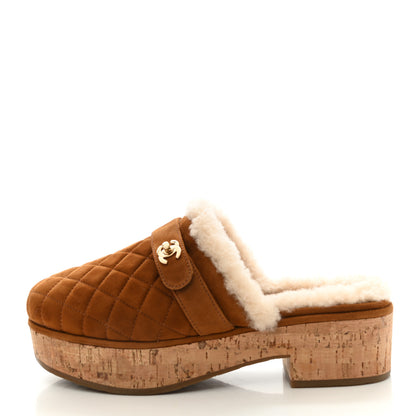 Chanel Suede Calfskin Shearling Turn Lock Clogs 38 Brown 1 of 8