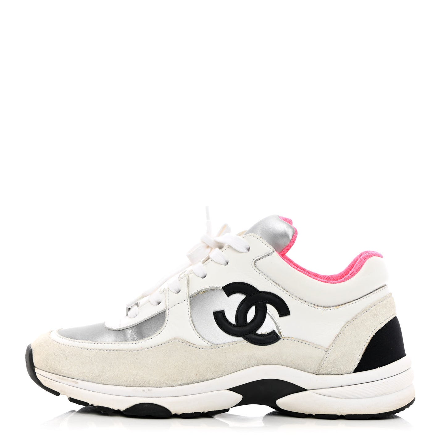 Calfskin Fabric Sneakers 39 White Silver Fluo Pink