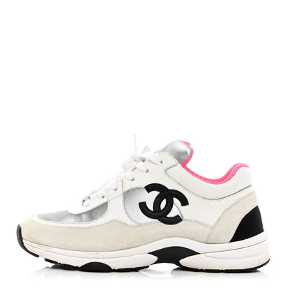 Chanel Calfskin Fabric Sneakers 39 White Silver Fluo Pink 1 of 13