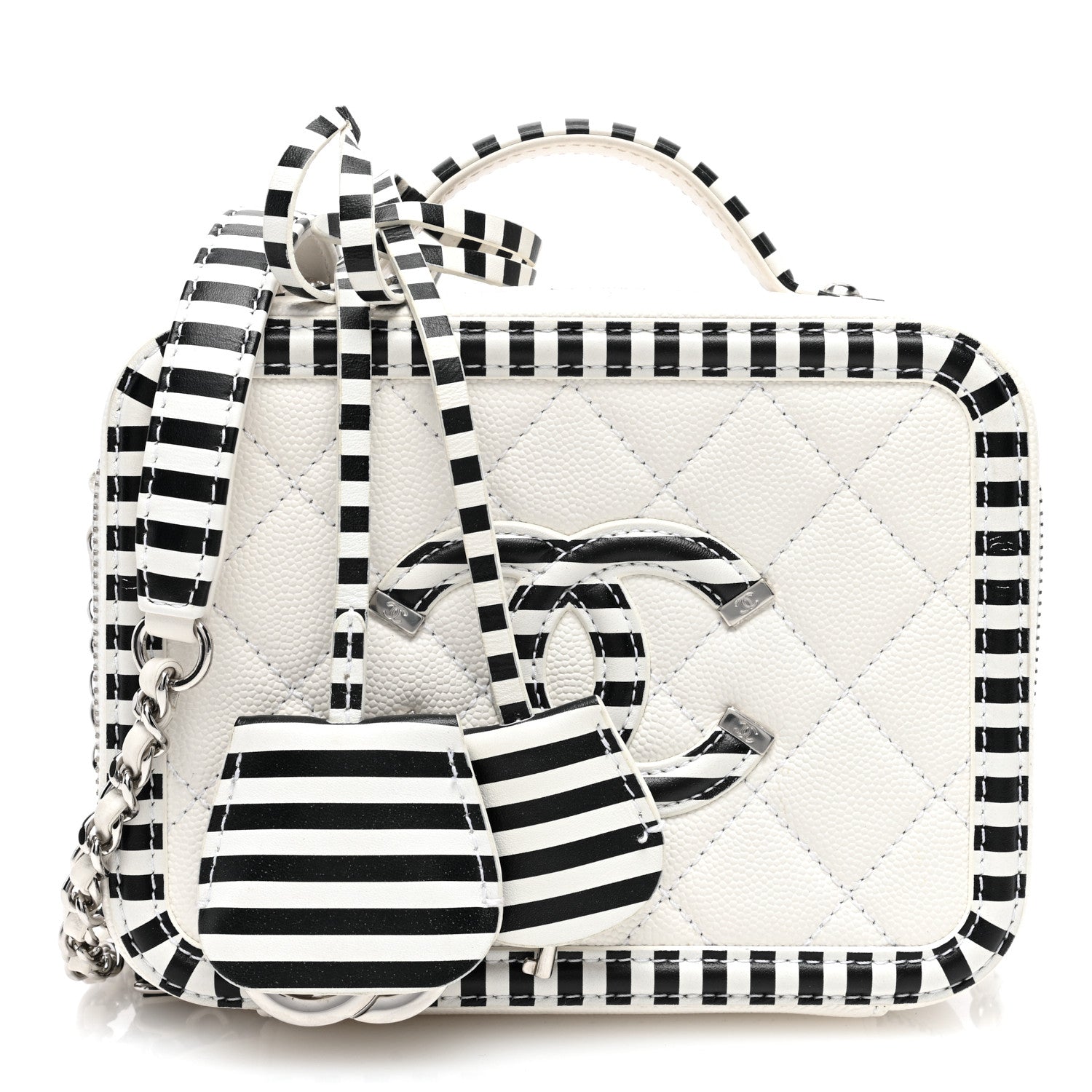 Chanel Caviar Quilted Striped Small CC Filigree Vanity Case White Black 1 of 10