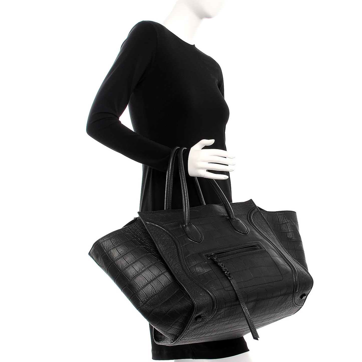 Crocodile Embossed Calfskin Large Phantom Luggage Black