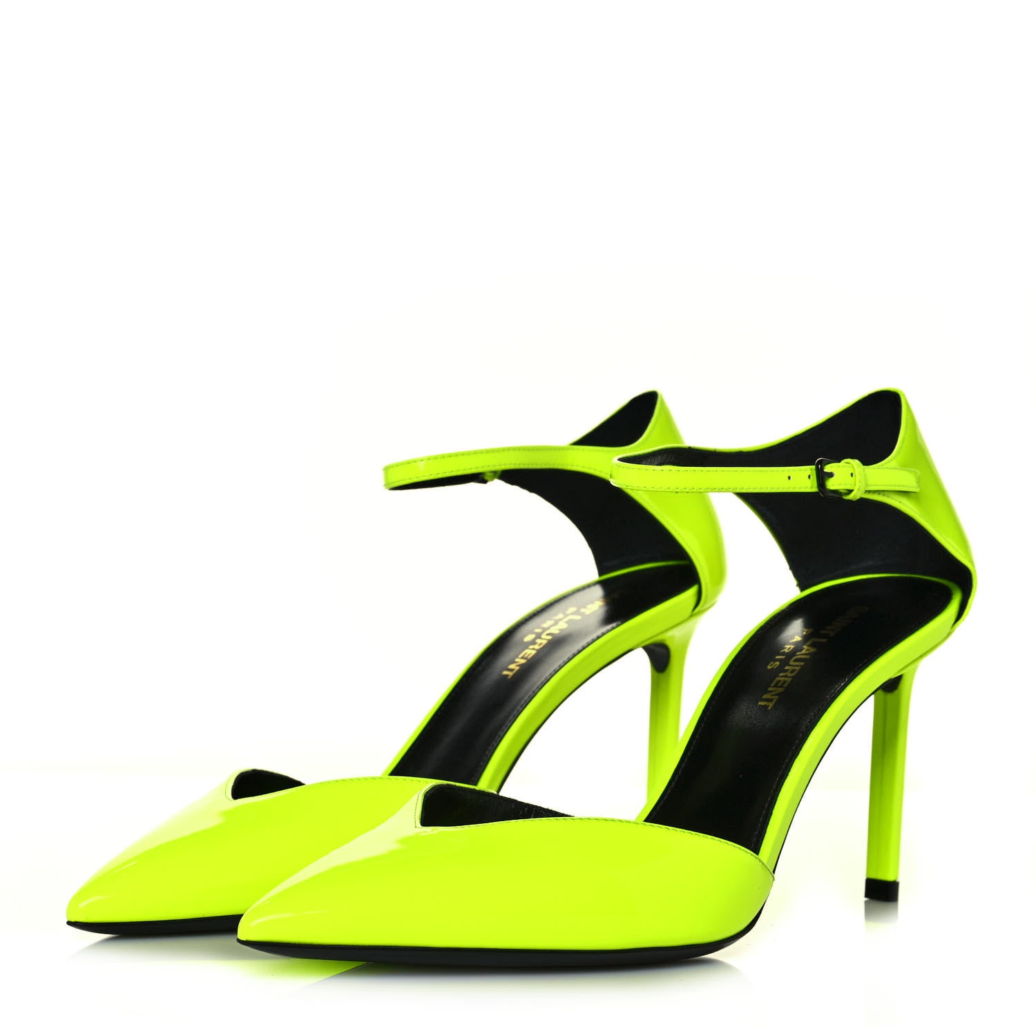 Saint Laurent Patent Anja 85 Ankle Strap Pointed Pumps 38.5 Fluo Yellow 3 of 8