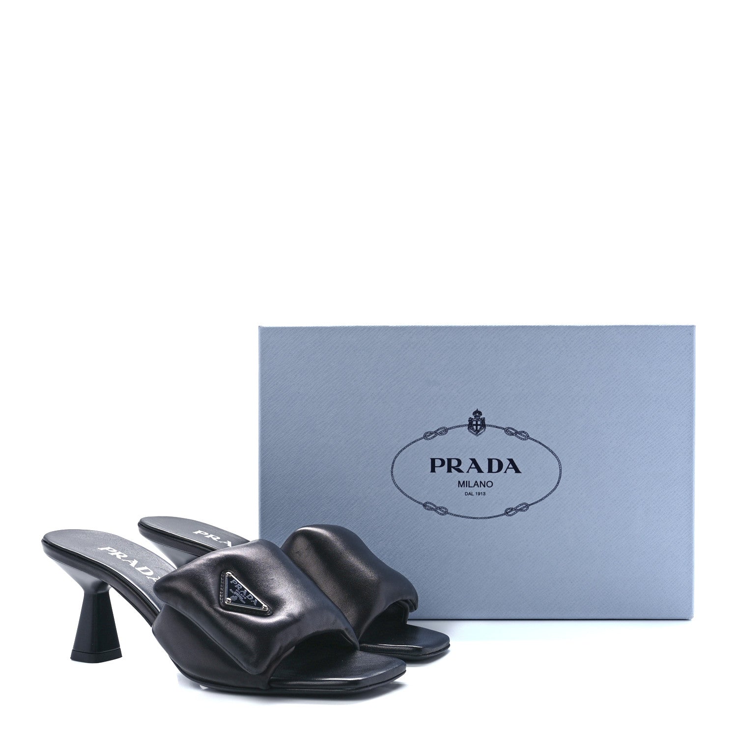 Prada Nappa Soft Padded Metal Triangle Logo 65mm Slide Sandals 37 Black 9 of 9