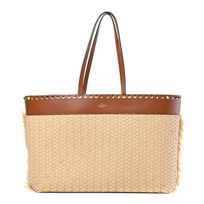 Valentino Garavani Raffia Calfskin Rockstud Shoulder Tote Naturale Saddle Brown 1 of 4