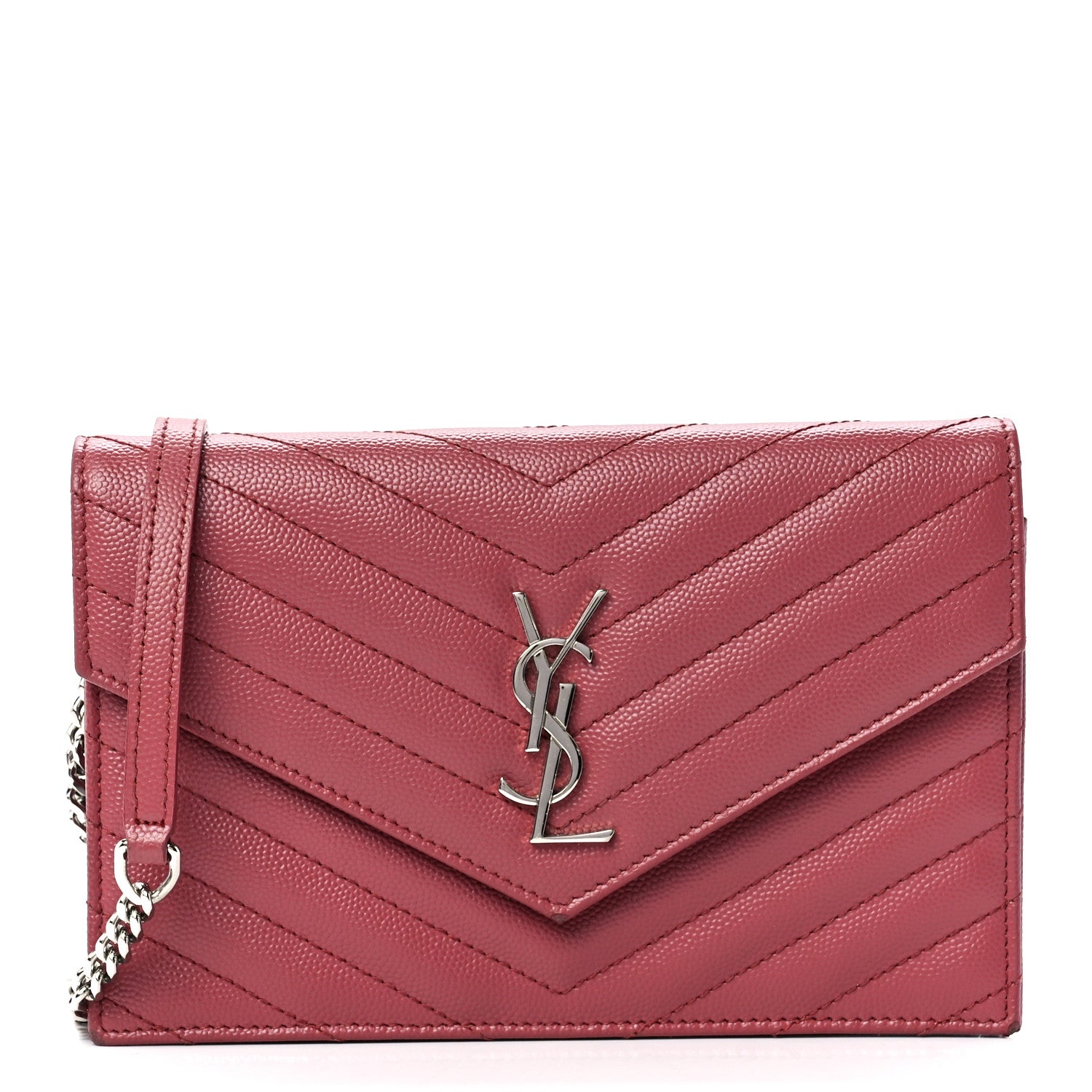 Saint Laurent Grain De Poudre Matelasse Chevron Monogram Envelope Chain Wallet Blush Fonce 1 of 11