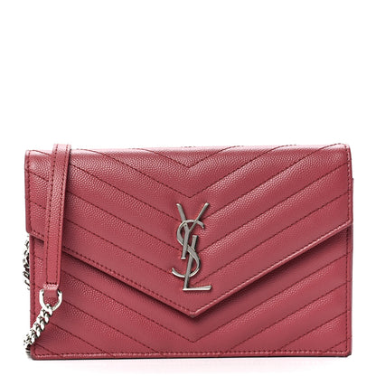 Saint Laurent Grain De Poudre Matelasse Chevron Monogram Envelope Chain Wallet Blush Fonce 1 of 11