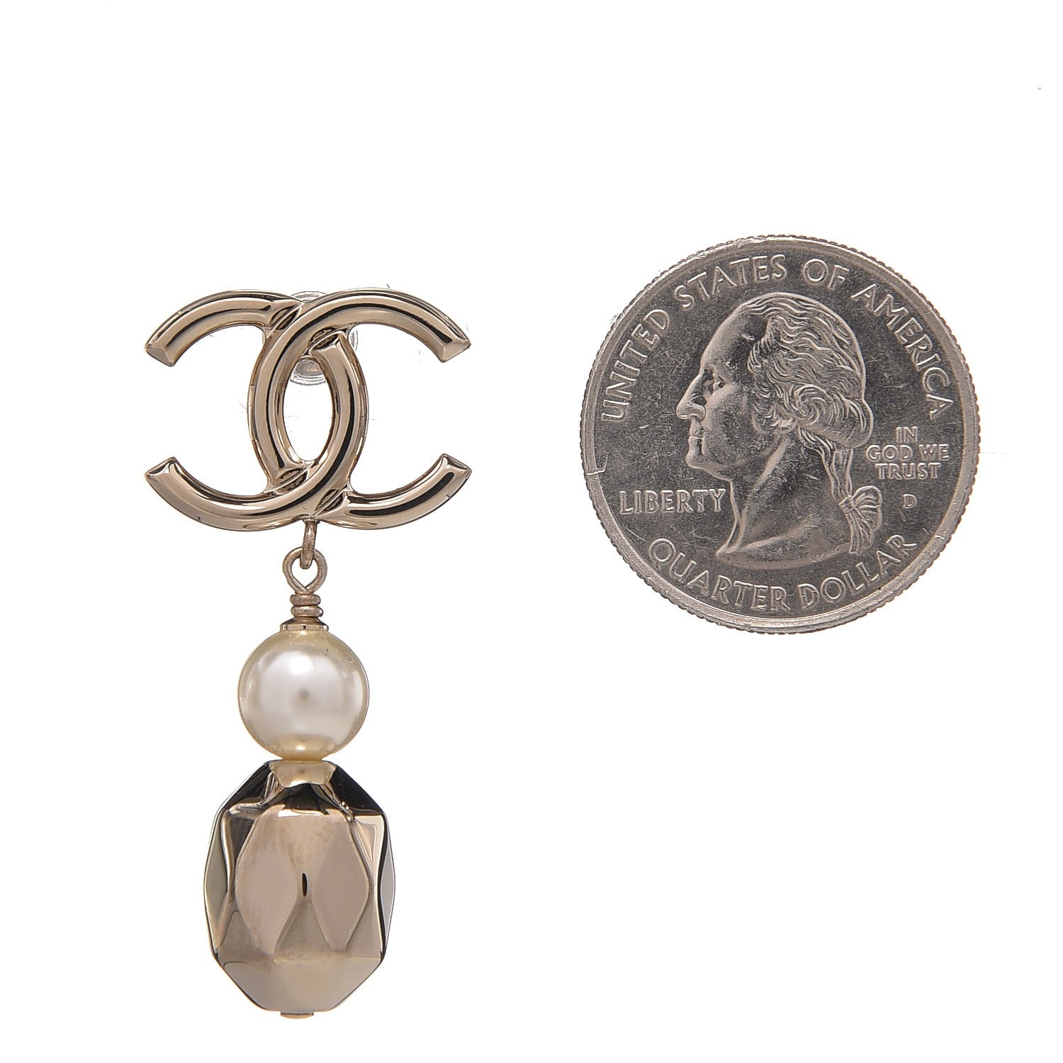 Chanel Metal Bead Pearl CC Drop Earrings Golden Pearly White 2 of 4