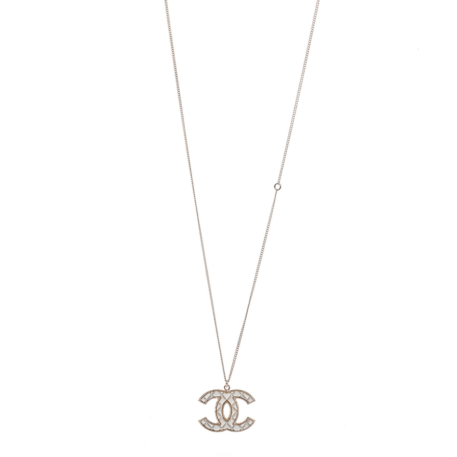 Chanel Metal Quilted CC Pendant Necklace Gold White 1 of 5