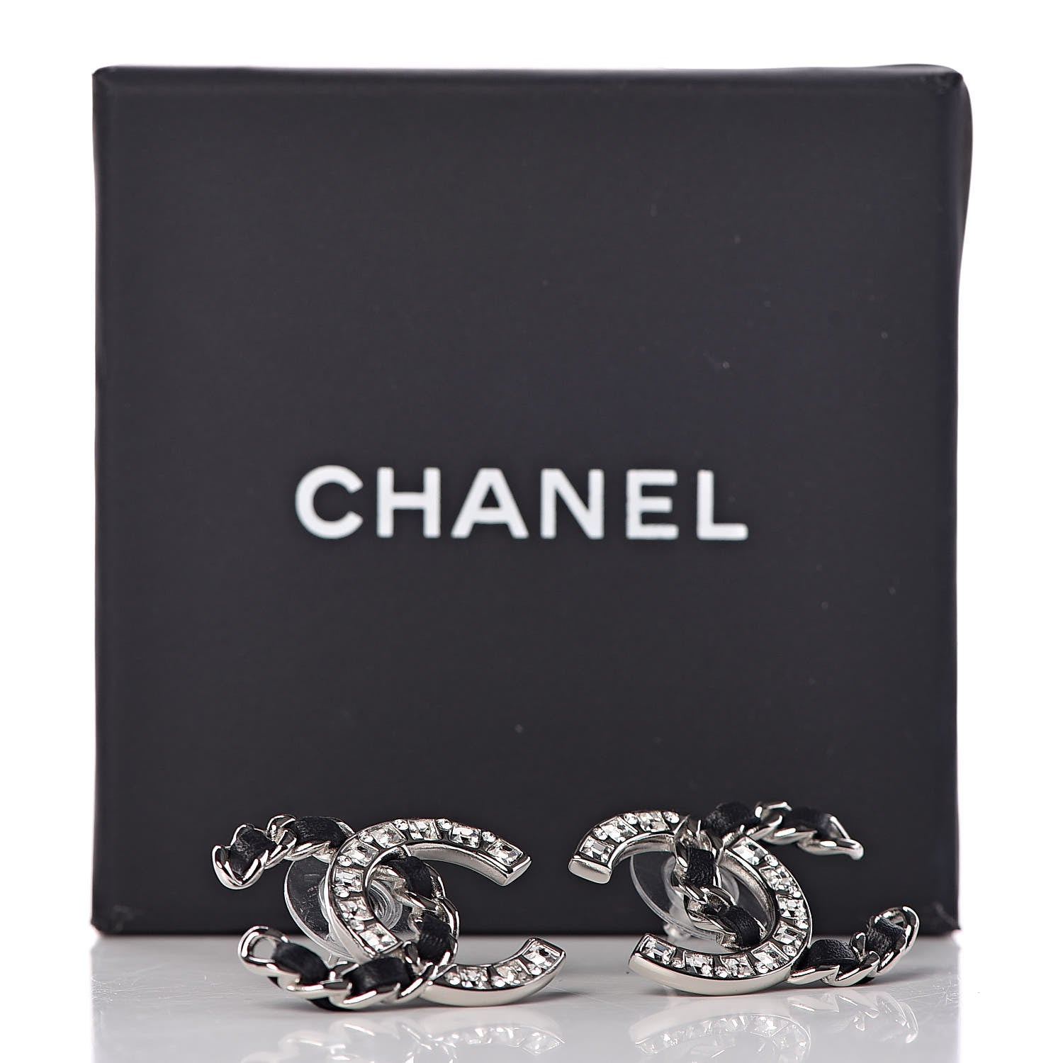 Chanel Crystal Lambskin CC Earrings Silver Black 5 of 5