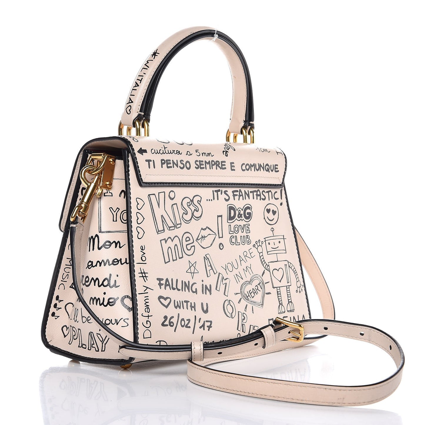Calfskin Graffiti Printed Welcome Satchel White Black