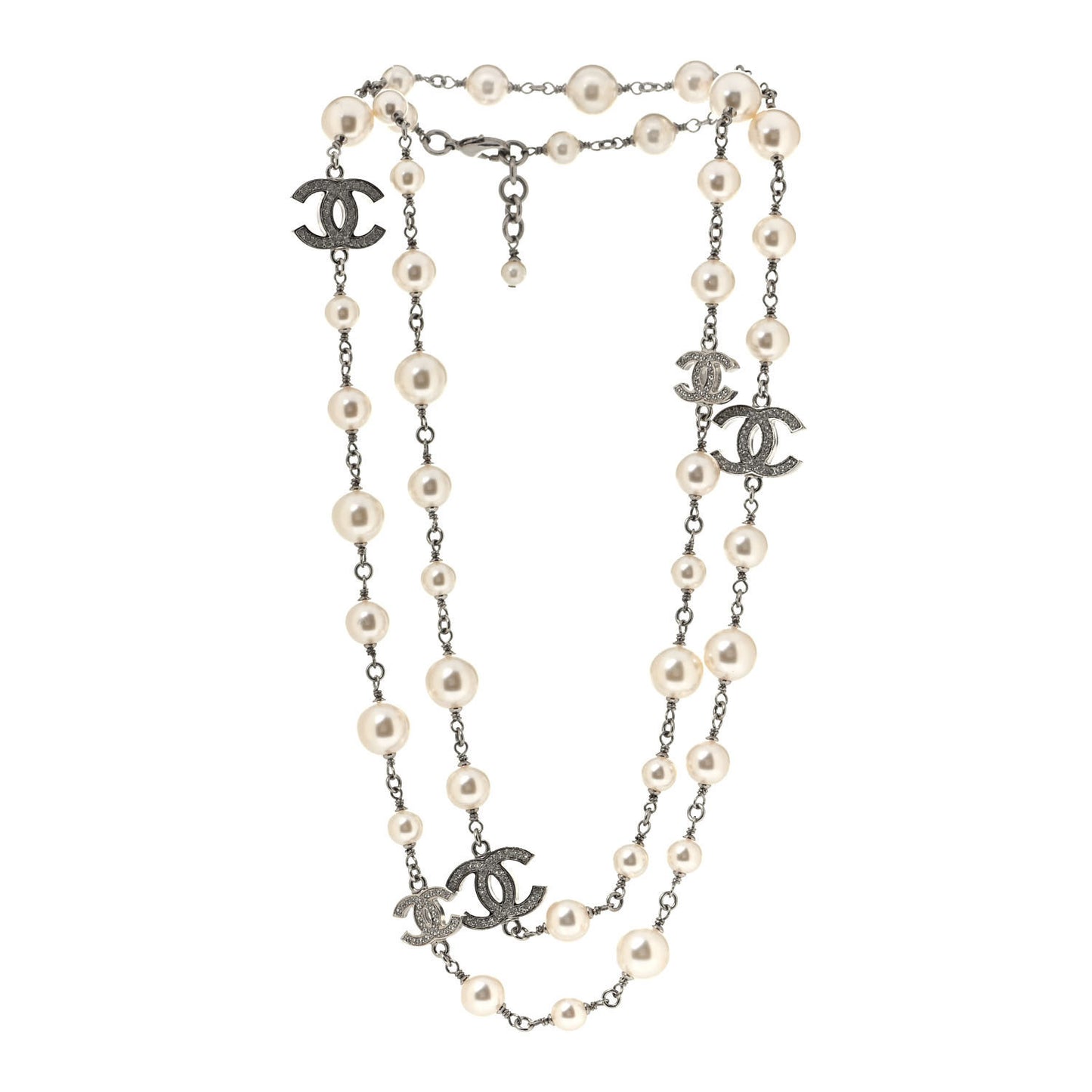 Crystal Pearl CC Long Necklace Silver
