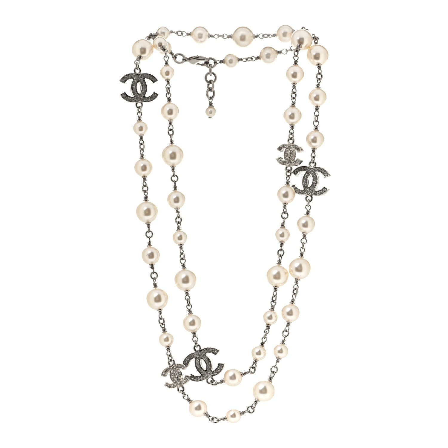 Chanel Crystal Pearl CC Long Necklace Silver 2 of 4