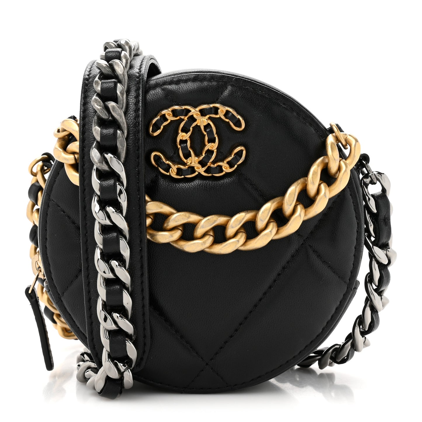 Lambskin Quilted Chanel 19 Round Clutch With Chain Black