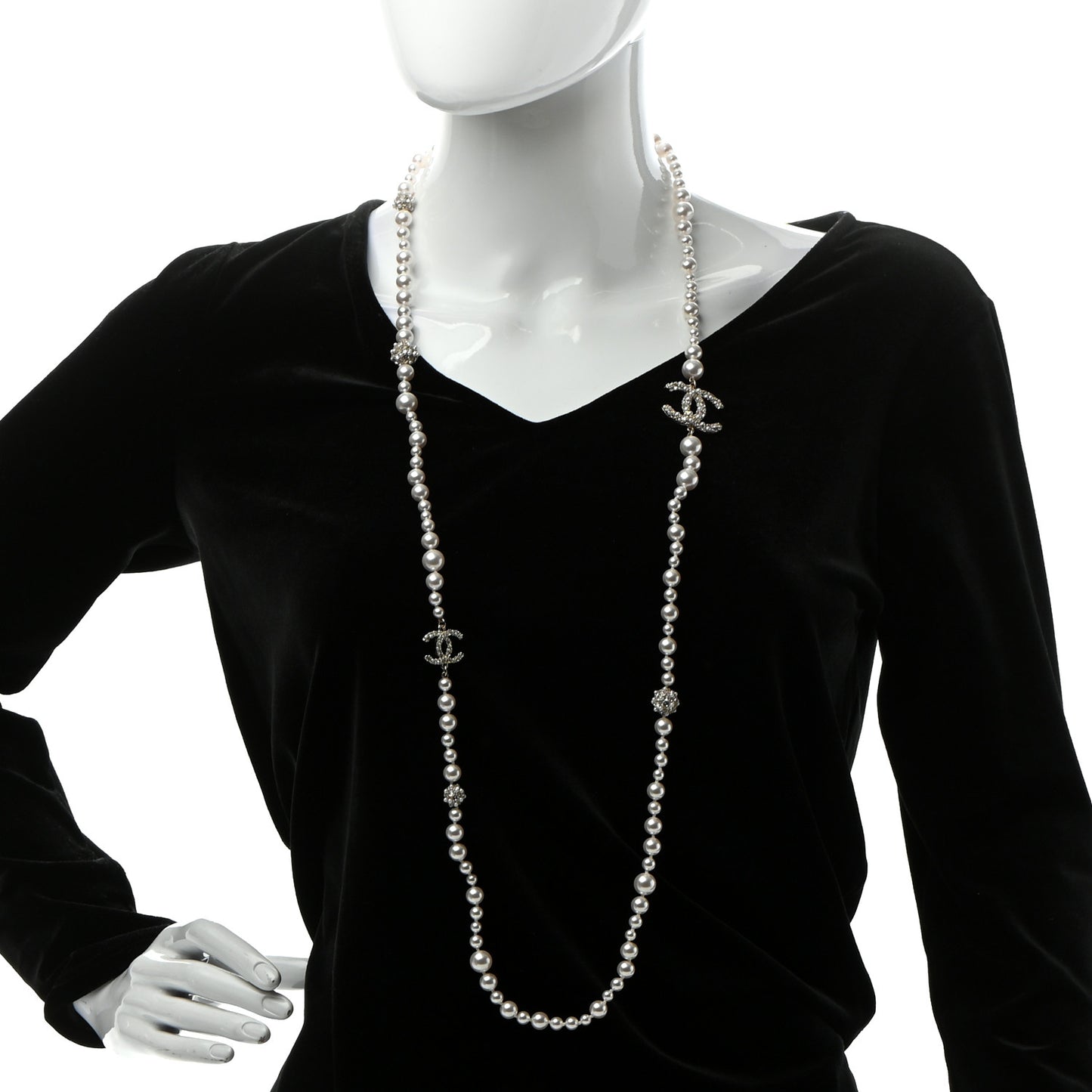 Pearl Baguette Crystal CC Long Necklace Silver