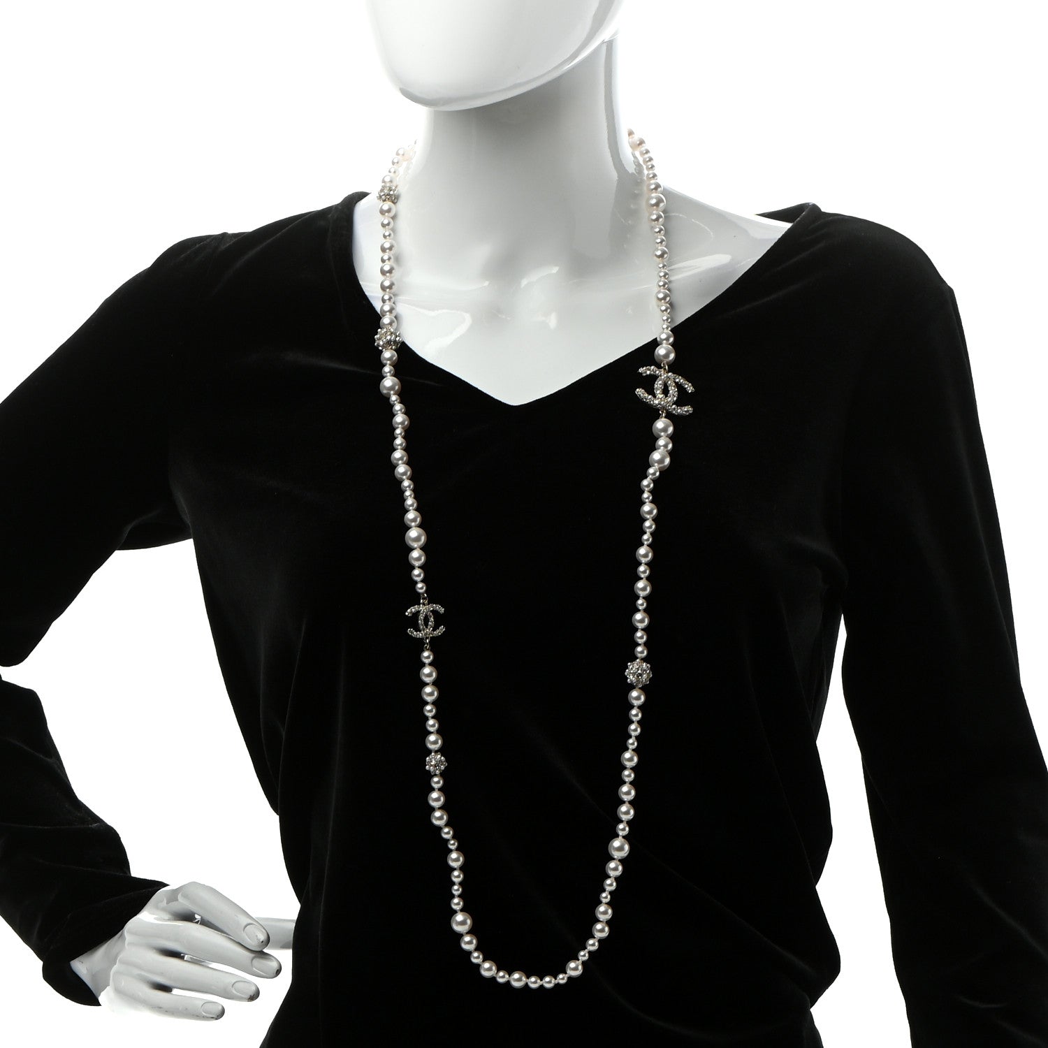 Chanel Pearl Baguette Crystal CC Long Necklace Silver 2 of 5