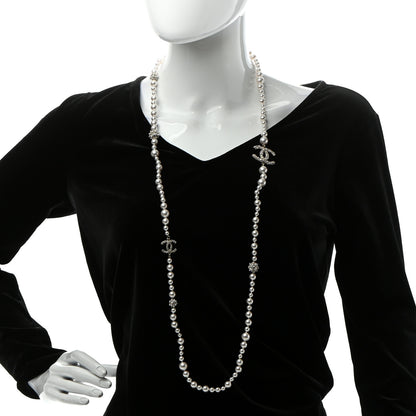 Chanel Pearl Baguette Crystal CC Long Necklace Silver 2 of 5