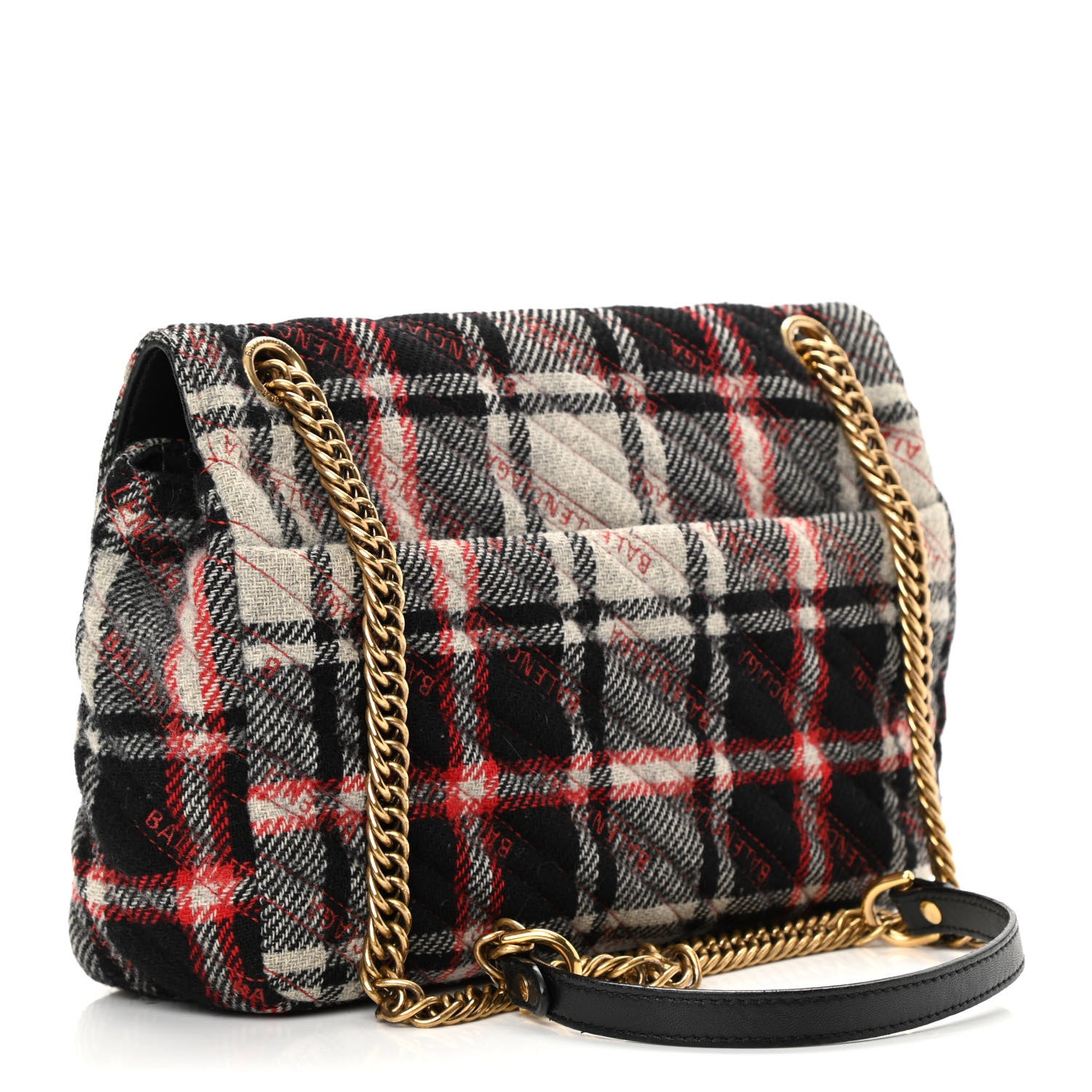 Balenciaga Wool Plaid Diagonal Allover Logo Matelasse M BB Round Shoulder Bag Black White Red 3 of 13