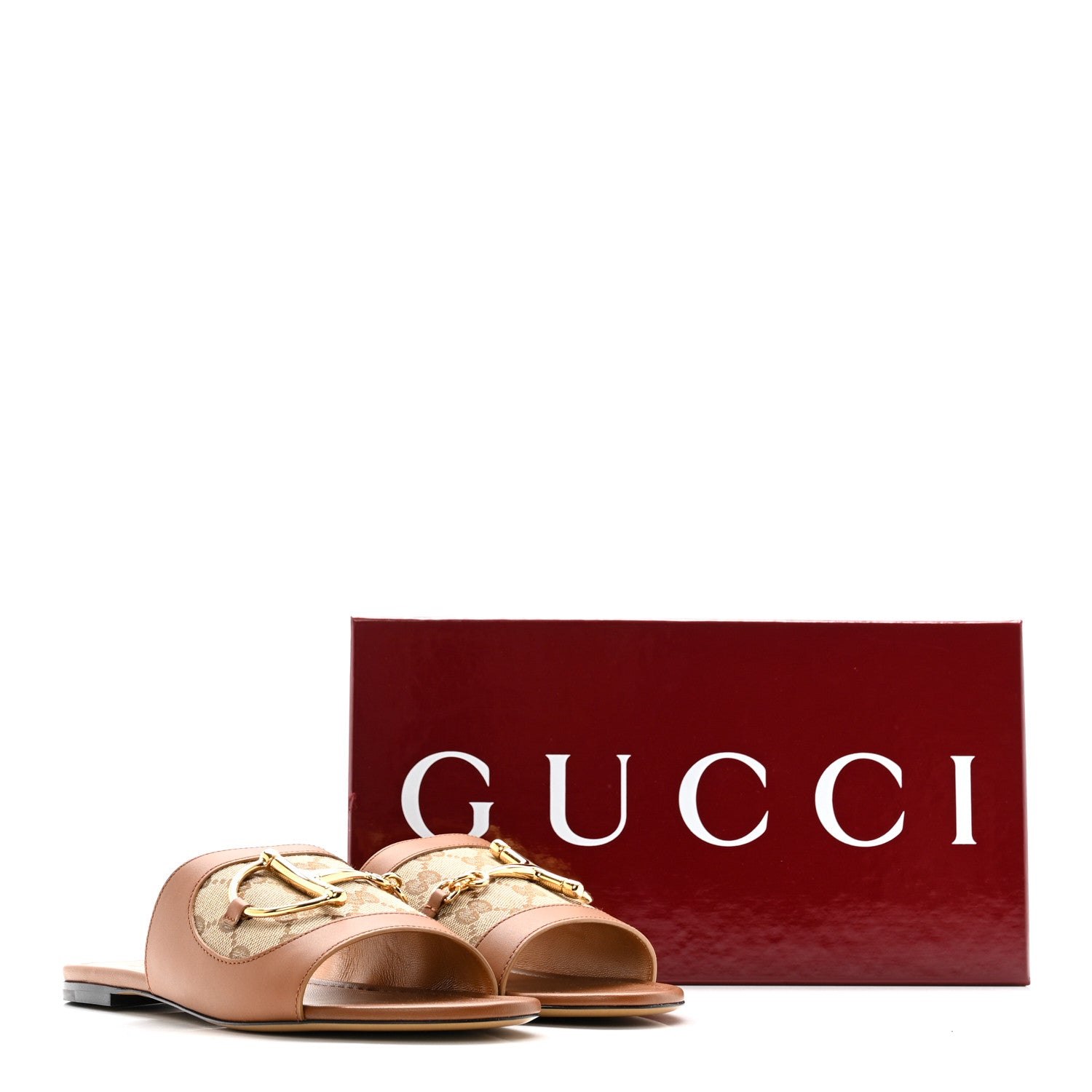 Gucci Calfskin Monogram Horsebit Womens Slide Sandals 39 Beige
