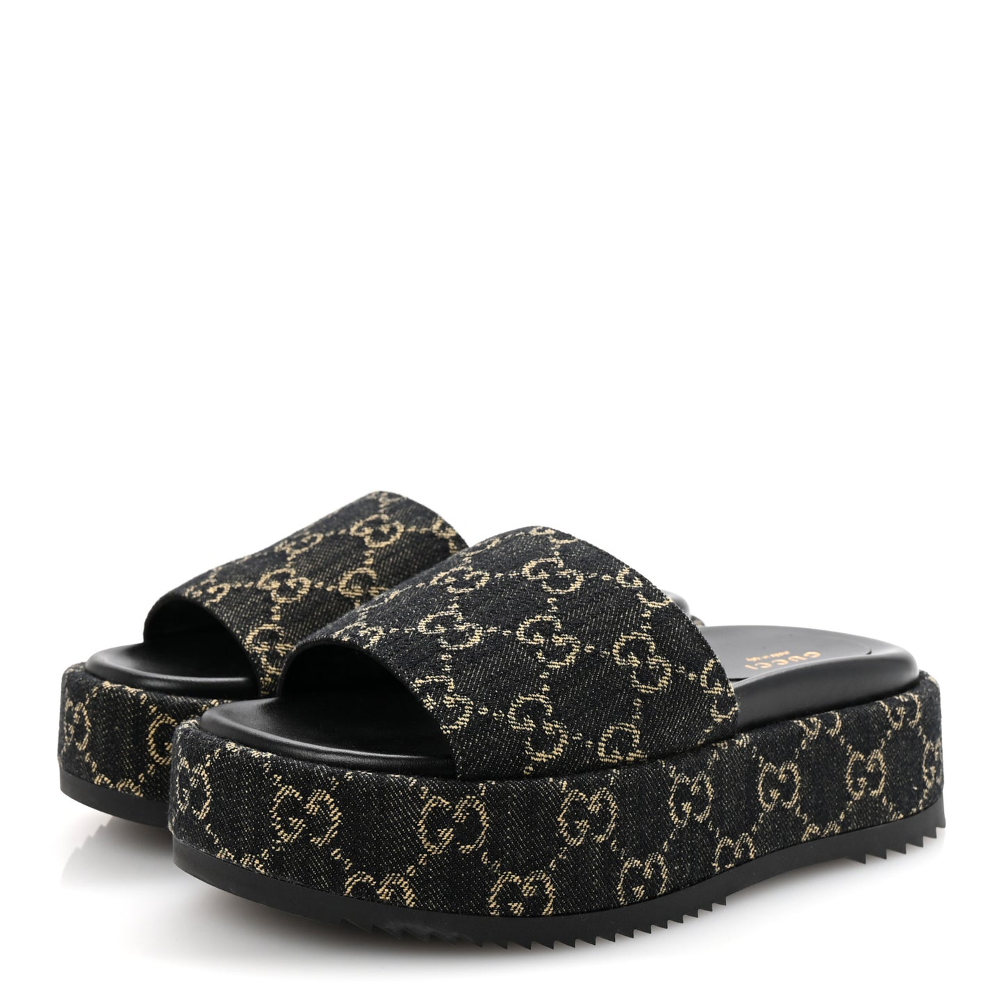 Jacquard Black Denim GG Monogram Angelina Platform 55mm Slide Sandals 36.5 Black Ivory