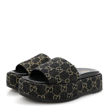 Gucci Jacquard Black Denim GG Monogram Angelina Platform 55mm Slide Sandals 36.5 Black Ivory 4 of 10