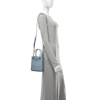 Prada Spazzolato Metal Triangle Logo Small Double Handle Crossbody Tote Celeste Black 2 of 10