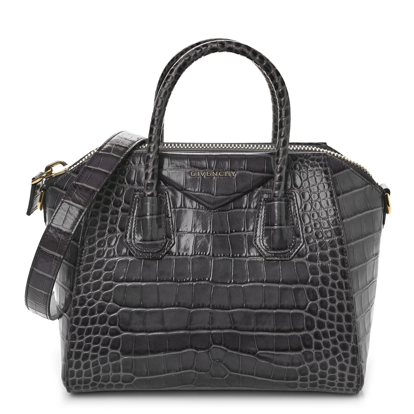 Calfskin Crocodile Embossed Small Antigona Storm Grey