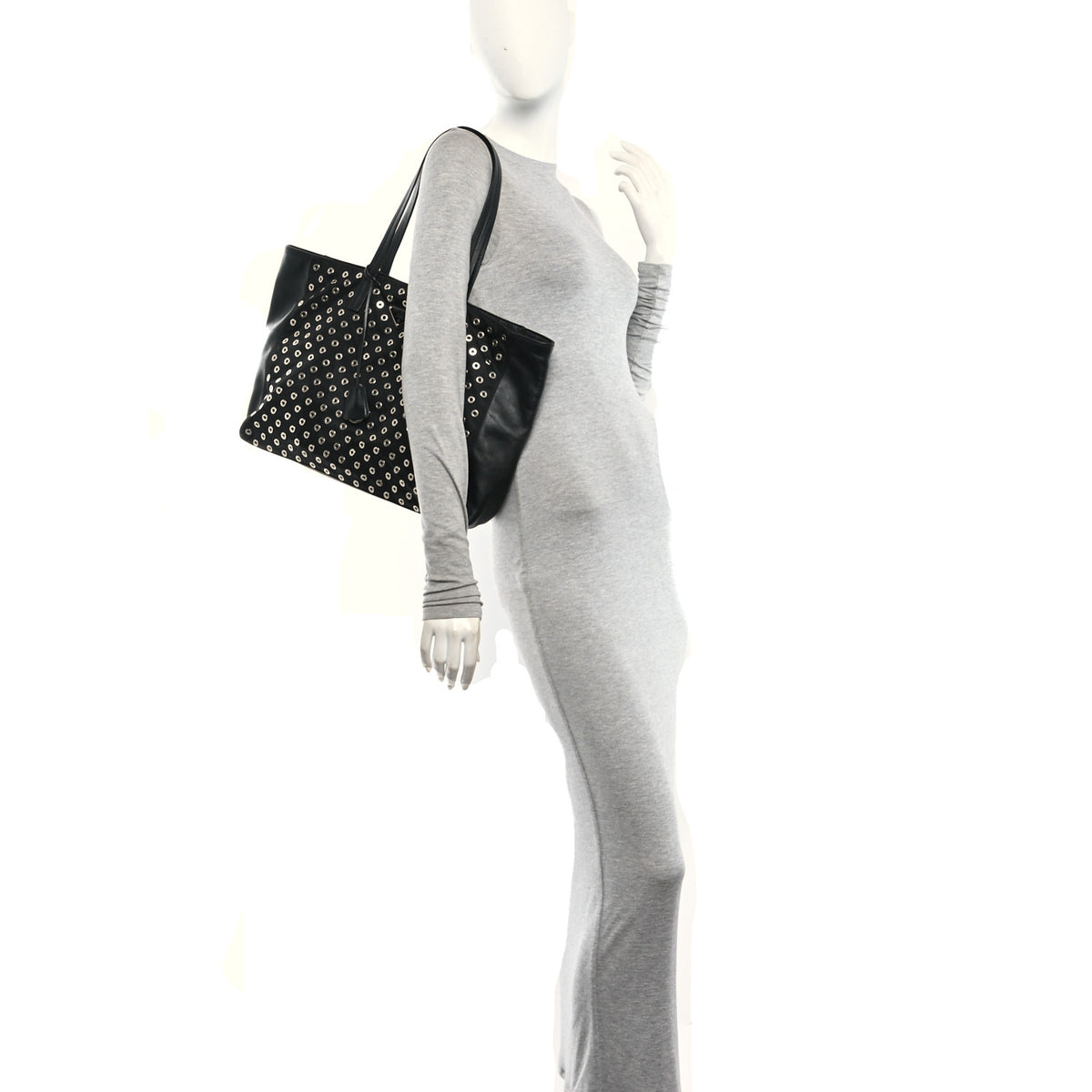 Tessuto Nylon Calfskin Grommet Tote Black