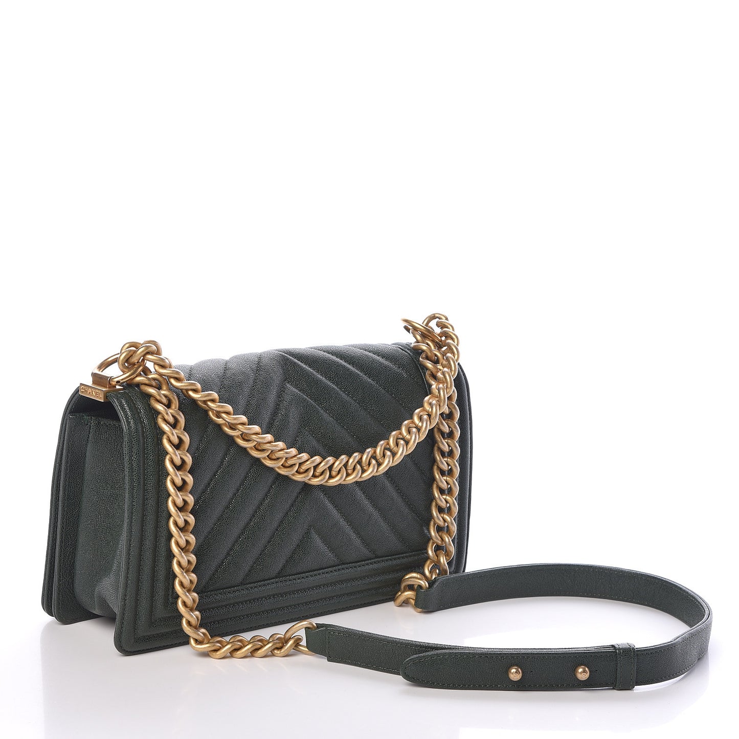 Caviar Chevron Quilted Medium Boy Flap Dark Green