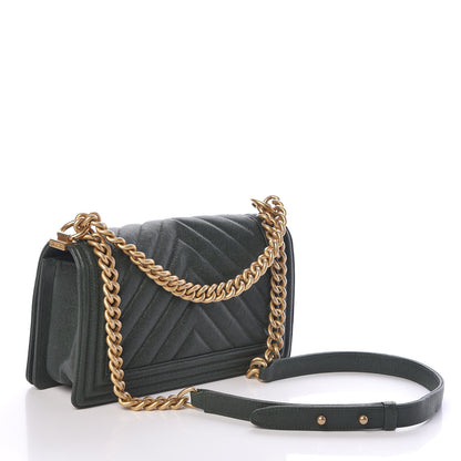 Chanel Caviar Chevron Quilted Medium Boy Flap Dark Green 3 of 10