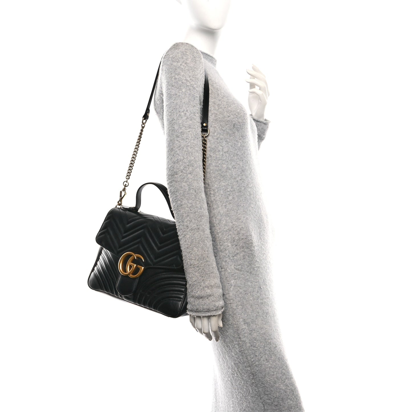 Calfskin Matelasse Medium GG Marmont Top Handle Shoulder Bag Black