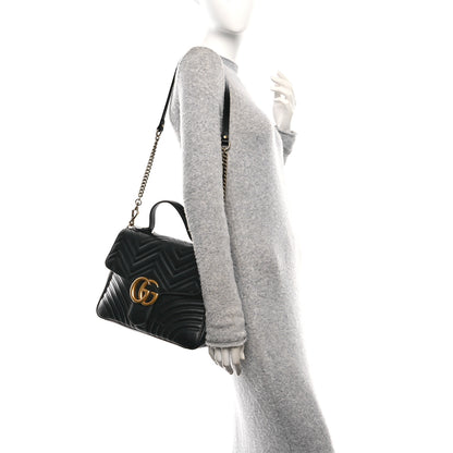 Gucci Calfskin Matelasse Medium GG Marmont Top Handle Shoulder Bag Black 2 of 10