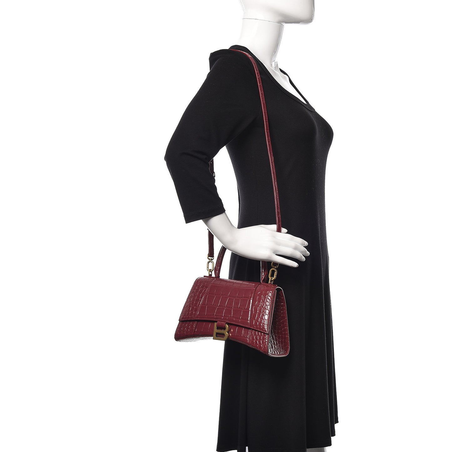 Shiny Calfskin Crocodile Embossed Small Hourglass Top Handle Bag Dark Red