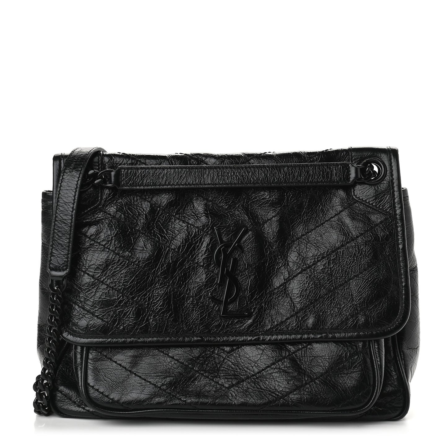 Crinkled Calfskin Matelasse Monogram Medium Niki Chain Satchel Black