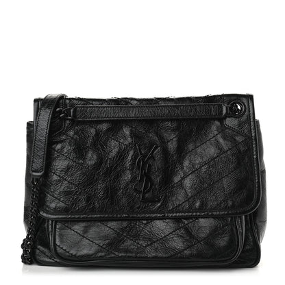 Saint Laurent Crinkled Calfskin Matelasse Monogram Medium Niki Chain Satchel Black 1 of 9