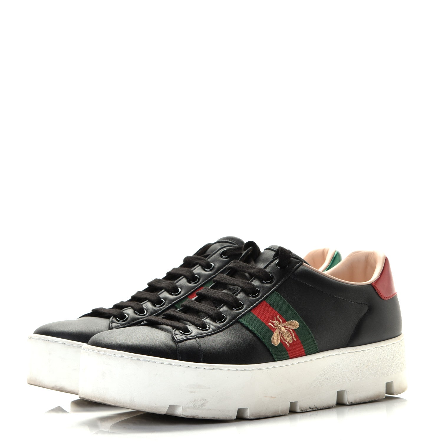 Gucci Calfskin Web Bee Embroidered Womens Ace Platform Sneakers 39 Black 3 of 8